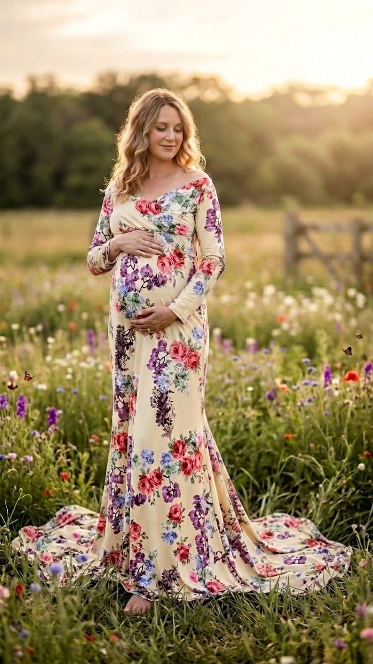 Pregnancy photoshoot in a Melbourne meadow wearing a sage maternity gown from our hire collection