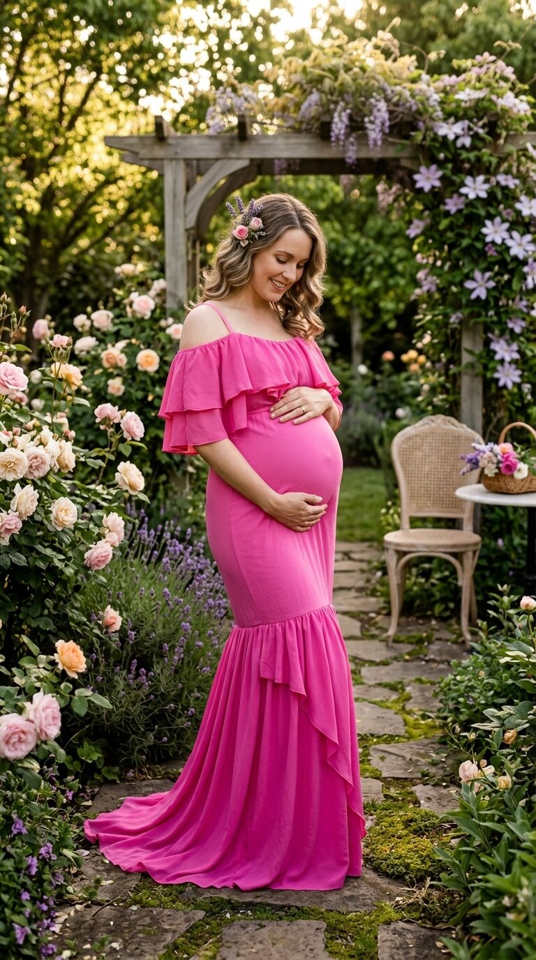 Ruffle Bloom Maxi — blush romantic maternity photoshoot dress hire Melbourne